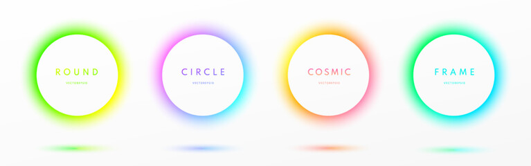 Set of abstract 3D glowing neon lighting circles frames border isolated on white background. Blue, red-purple, green illuminate light round frames collection. Top view technology futuristic elements.