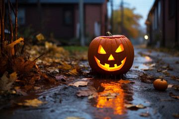 A lone Jack O'lantern sits in the middle of a street, american, twilight, evening, halloween