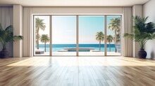 Beautiful Home Interior Space With Black Living Room Wooden Floor With Ocean Seaside Blue Sky Sea Sand Beach Summer Freshness Travel Season Window View House Design Tropical Style,generative Ai