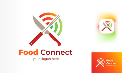 Canvas Print - Food and connection logos represent connected services