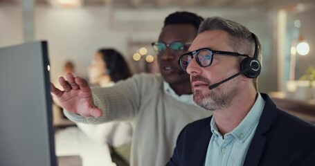 Poster - Call center, manager and training man at computer for telemarketing, customer service and software in CRM agency. Business people, sales mentor and team working late for tech solution at help desk