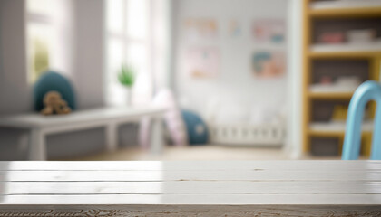 Empty desk for product display on defocused children room background