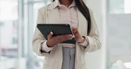 Poster - Office, research and closeup of businesswoman with tablet for corporate project on internet. Typing, online and professional female person browsing on mobile app with digital technology in workplace.