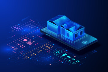 Fototapete - Smart home. IOT technology. House internet management. Building system in phone app. Device wireless control. Network system connection. Smartphone and apartment. Vector background concept