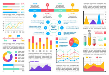 Poster - Infographic chart elements. Graph, colorful diagram and bar, timeline icons, line number. Business flow design, data icons. Analytical information for presentation. Vector template