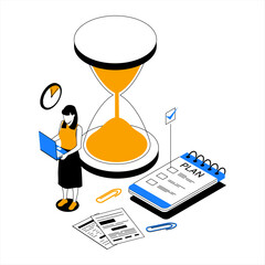 Poster - Time management. People organize productive work and effective task schedule. Hourglass and goals planner. Deadline clock. Office worker with laptop. Efficient workflow. Vector concept