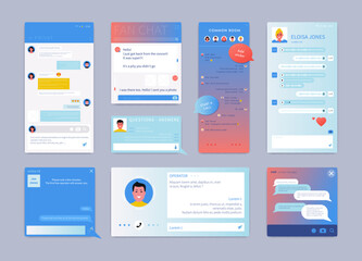 Poster - Live chat app. UI UX chatbot design. Smartphone screen of web support. Text messages on website page. Instant form. Mobile group communication. Vector phone messenger interface template
