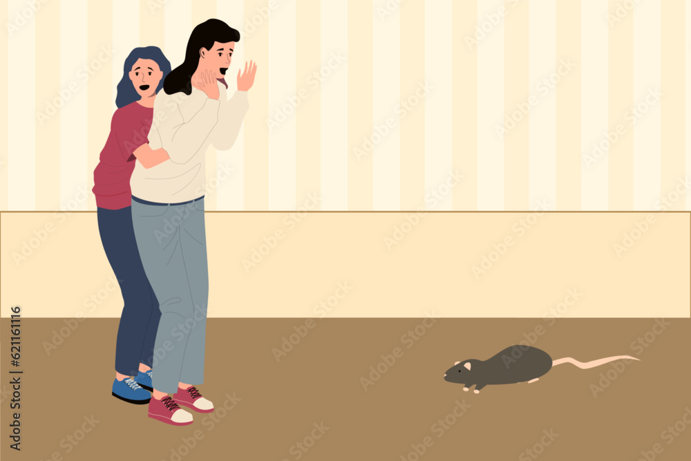 Scaredness Scared people. Frightened women afraid of rat. Fearful animal. Anxiety ...