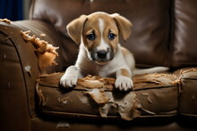 Naughty Jack Russell Puppy Dog Lying In Mess On Chewed Up Lounge, Made With Generative Ai