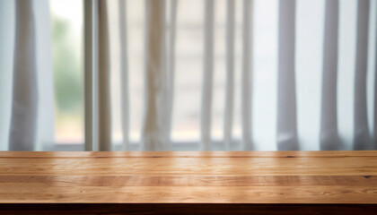 Wall Mural - Wooden table in front of blurred transparent window curtain background