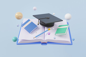 Poster - Open book knowledge floating on purple pastel background. Graduation cap congratulations and with reading writing training learning online education concept. 3d rendering illustration