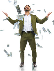 Poster - Money, confetti and happy asian man with cashback on isolated, transparent and png background. Cash, winner and male person with bonus, reward or lottery surprise, increase or salary promotion