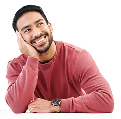 Leinwandbilder - Happy, thinking and Asian man with ideas, decision and model isolated against a transparent background. Male person, guy and happiness with problem solving, opportunity and brainstorming with png