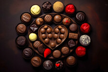 Chocolates In The Shape Of A Heart On A Dark Background. Generative AI.