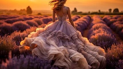 Wall Mural - Illustration of Beautiful bride in a luxurious wedding dress on a lavender field at sunset. AI generated Illustration