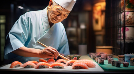 Wall Mural - The chef prepares sushi, rolls in the restaurant. Generative AI