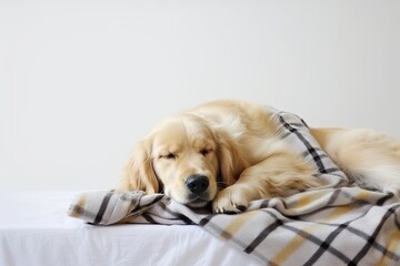 Poster - cozy dog resting on a bed covered with a soft blanket. Generative AI