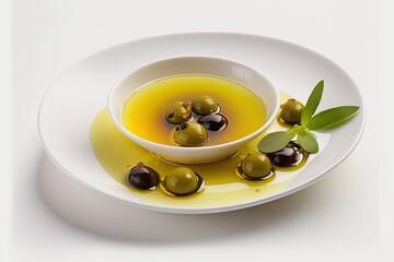 Wall Mural - dish of olives and olive oil on a white plate. Generative AI