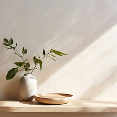 Modern, minimal square wooden podium tray on glossy white table counter, vase of tree twig, leaf shadow on wall background