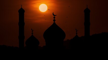 Sunset and Mosque Silhouette.Birds Flying Around the Mosque. The video of this image is in my portfolio.	