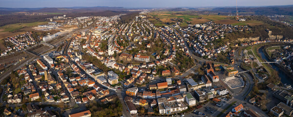 Aerial around the town Mühlacker in Germany on a sunny day in spring	