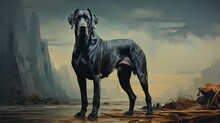  A Large Black Dog Standing On Top Of A Wet Ground.  Generative Ai