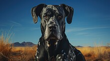  A Large Black Dog Sitting In A Dry Grass Covered Field.  Generative Ai