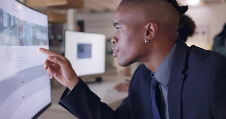 Wall Mural - Computer screen, business man and thinking or serious while pointing for research or problem solving. Tech, website and planning with an African male employee reading info online for data analytics