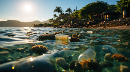 Plastic water bottles pollution on the beach (Environment concept)