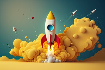 Canvas Print - Rocket Flying Through a Cloudy Sky. Generative AI