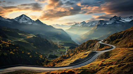 Canvas Print - Mountain winding zig zag road. Top aerial view: cars driving on road from above.