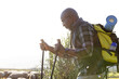 © Wavebreak Media - Senior african american man with backpack and sticks walking in sunny nature, copy space