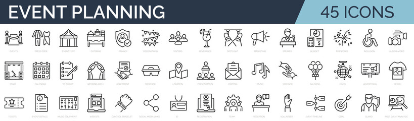 set of 45 outline icons related to event planning, organisation. linear icon collection. editable st