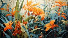  A Painting Of Orange Flowers In A Field Of Green Grass.  Generative Ai