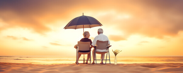 Elderly couple sitting at sunset beach. Concept of elderly love. AI generated