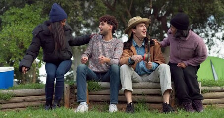 Canvas Print - People, nature or friends fishing to relax on holiday vacation break or weekend trip together outdoors. Group, happy campers or woman smiling, pointing or talking with men in park in Australia