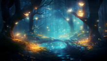 Glowing Blue Fairy Forest Night Landscape With Fireflies