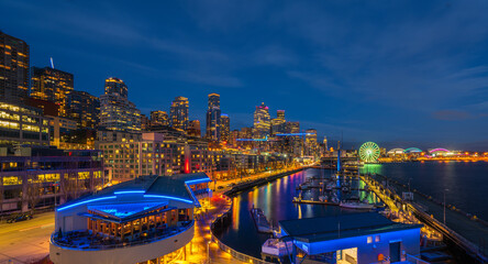 Beautiful view of Seattle waterfront and skyline at blue hour