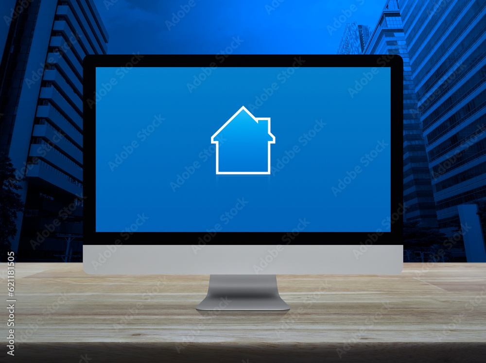 House For Computer Screen House icon with copy space on desktop modern computer monitor screen on ...