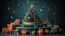 Happy New Year Background. Christmas Tree With Star And Gifts On Round Studio Podium, Illustration 