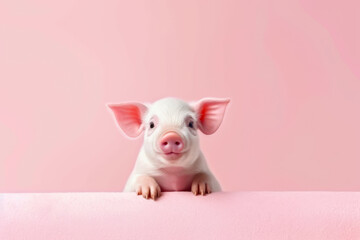 Canvas Print - Small pig sitting on top of pink surface next to pink wall. Generative AI.