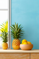 Poster - Two pineapples and bowl of lemons sit on table. Generative AI.