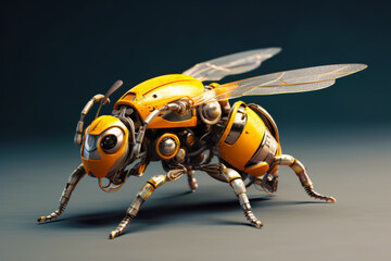 Close up of yellow and black bee on gray surface with black background. Generative AI.