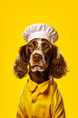 Wall Mural - Brown and white dog wearing chef's hat and yellow shirt. Generative AI.