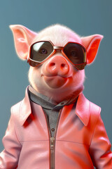 Sticker - Pig wearing pink leather jacket and goggles with red leather jacket on. Generative AI.