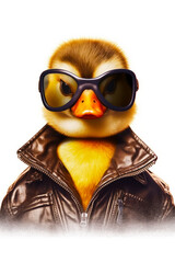 Wall Mural - Duck wearing leather jacket and goggles with leather jacket on. Generative AI.