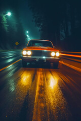 Canvas Print - Car driving down wet road at night with headlights shining on it. Generative AI.