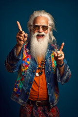 Sticker - Man with long white beard wearing sunglasses and denim jacket with peace sign. Generative AI.