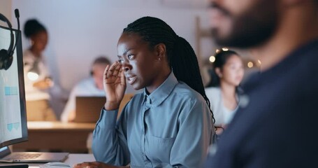 Sticker - Headache, anxiety and burnout with a business black woman at her desk in a customer service office for support. Call center, stress or migraine with a tired young consultant working at night