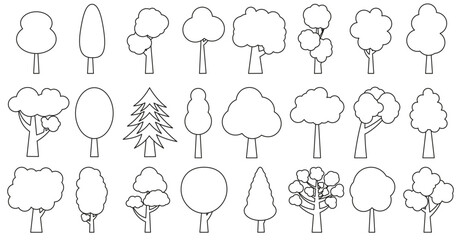 Trees drawn with a thin line. Collection of illustrations of trees. Wood for every taste. Abstraction of trees.